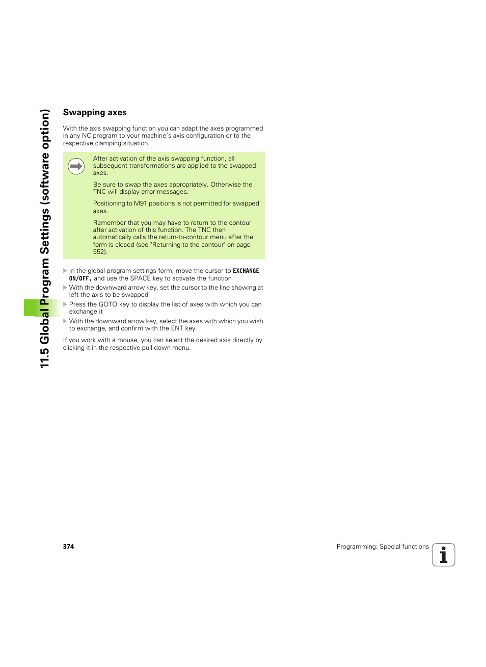 Swapping axes, 5 global pr ogr am set tings (sof tw ar e option) | HEIDENHAIN iTNC 530 (34049x-08) ISO programming User Manual | Page 374 / 654
