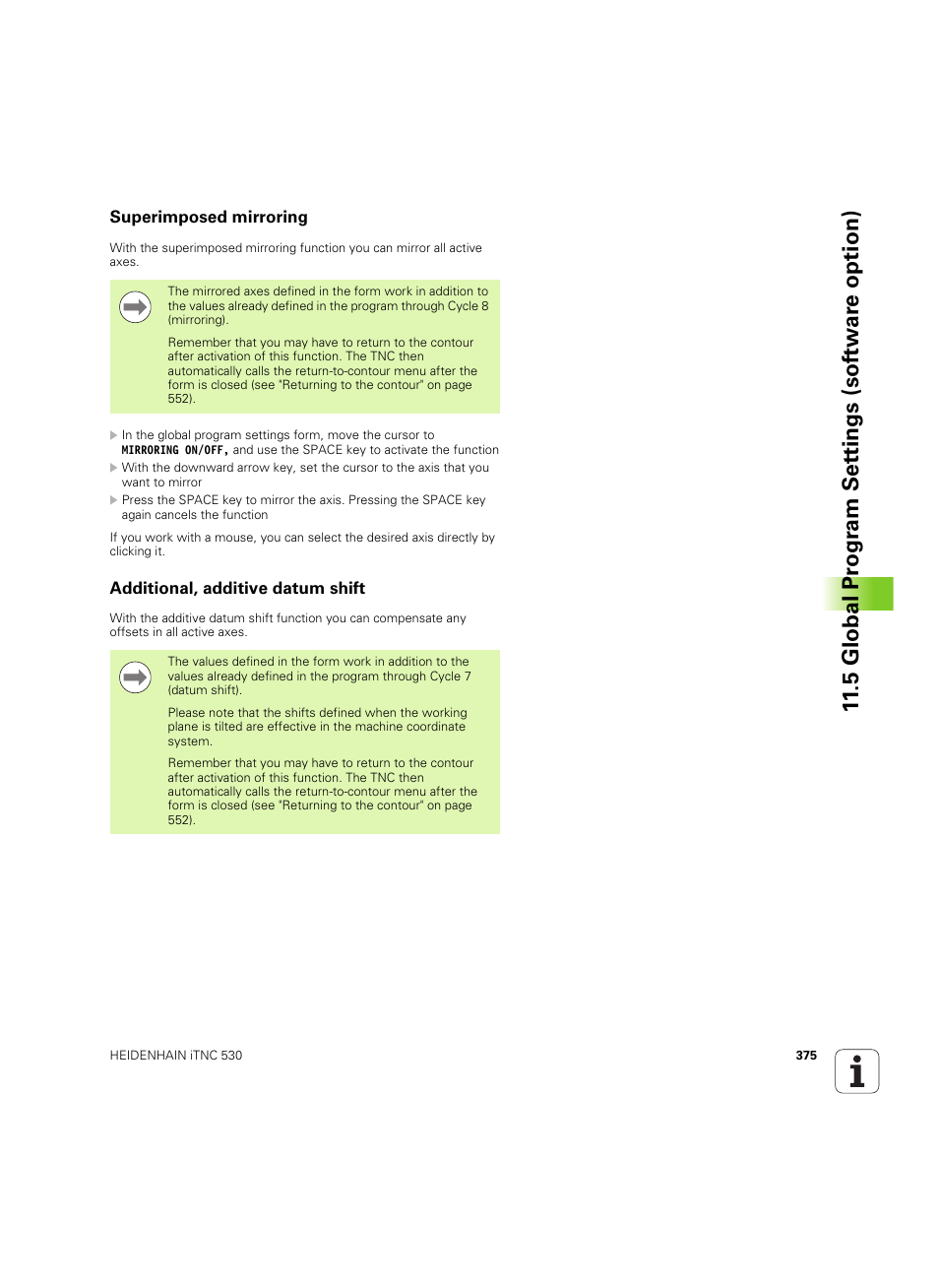 Superimposed mirroring, Additional, additive datum shift, 5 global pr ogr am set tings (sof tw ar e option) | HEIDENHAIN iTNC 530 (34049x-08) ISO programming User Manual | Page 375 / 654