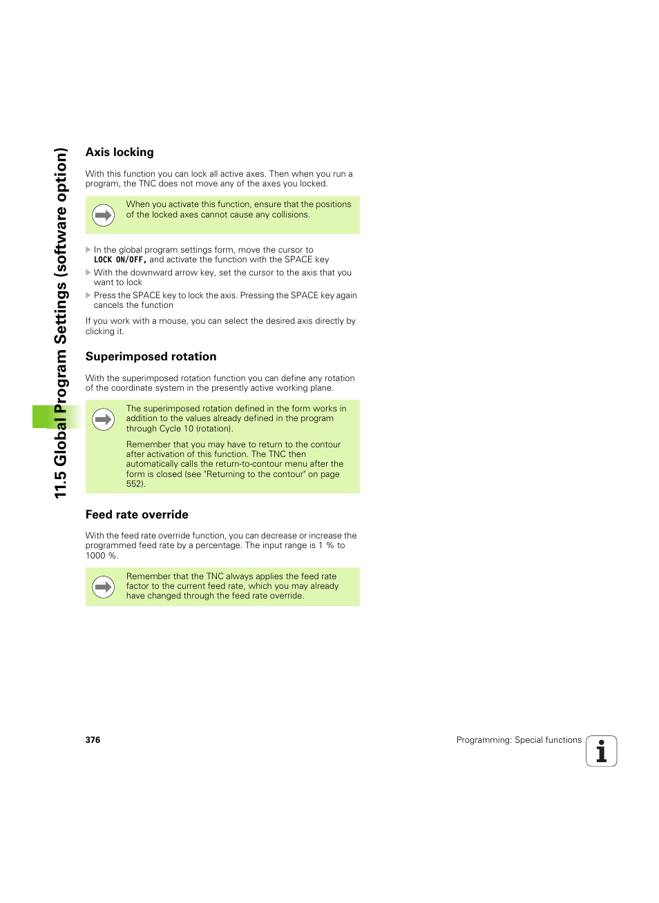 Axis locking, Superimposed rotation, Feed rate override | 5 global pr ogr am set tings (sof tw ar e option) | HEIDENHAIN iTNC 530 (34049x-08) ISO programming User Manual | Page 376 / 654