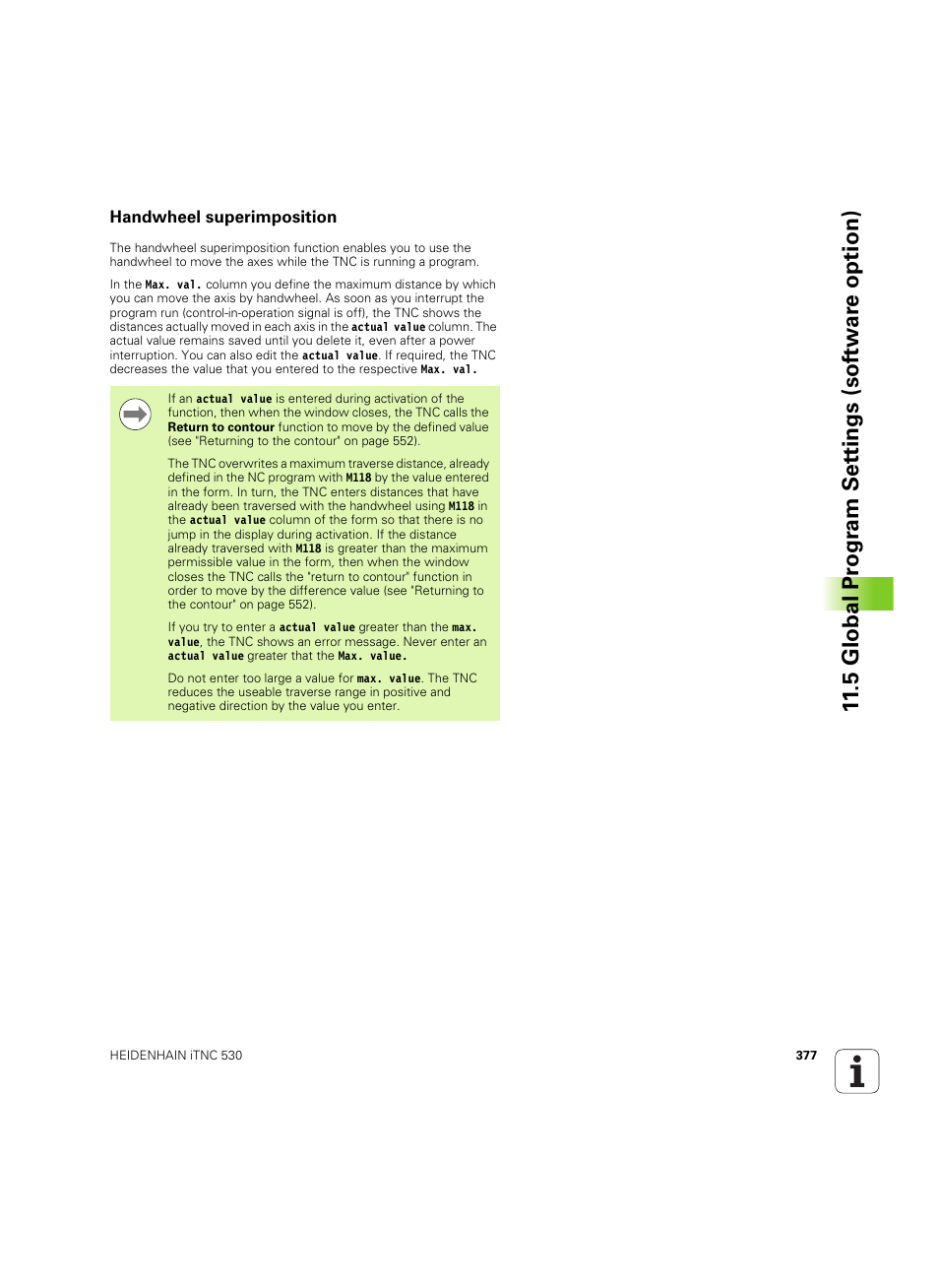 Handwheel superimposition, 5 global pr ogr am set tings (sof tw ar e option) | HEIDENHAIN iTNC 530 (34049x-08) ISO programming User Manual | Page 377 / 654