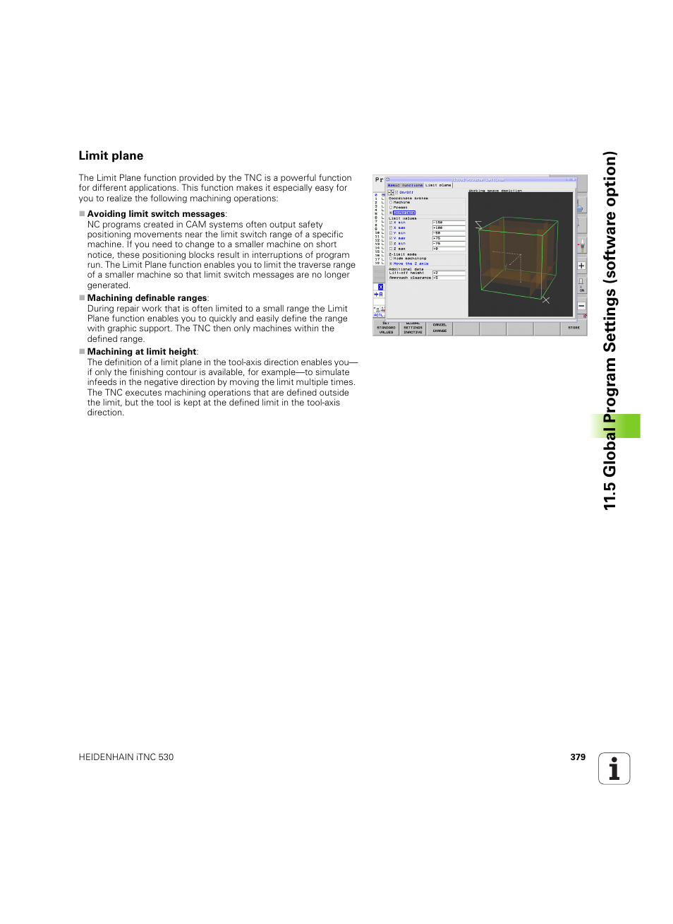 Limit plane, 5 global pr ogr am set tings (sof tw ar e option) | HEIDENHAIN iTNC 530 (34049x-08) ISO programming User Manual | Page 379 / 654