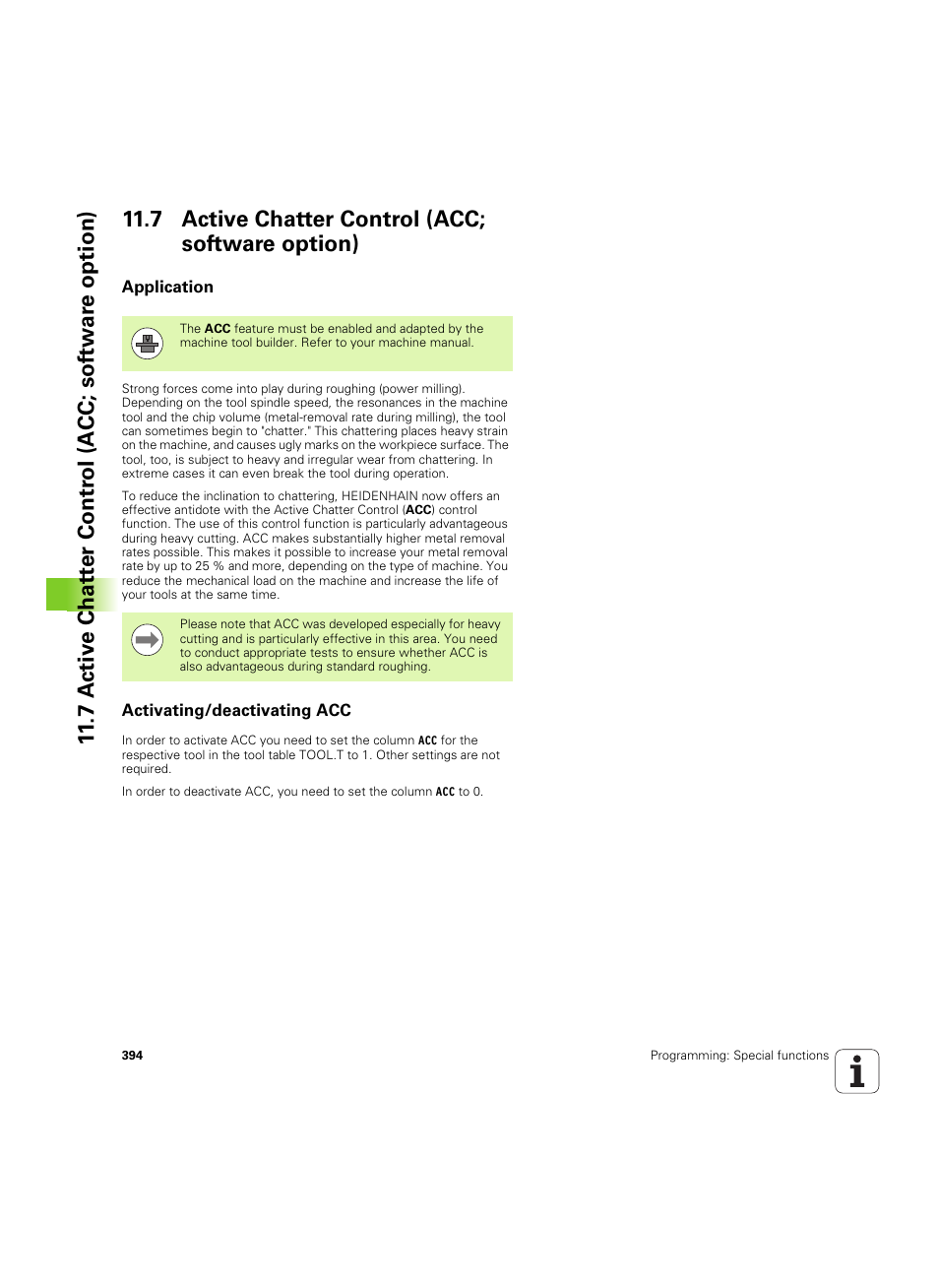 7 active chatter control (acc; software option), Application, Activating/deactivating acc | Application activating/deactivating acc | HEIDENHAIN iTNC 530 (34049x-08) ISO programming User Manual | Page 394 / 654