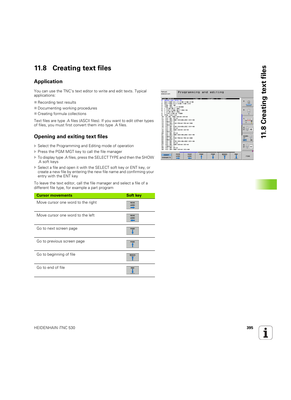 8 creating text files, Application, Opening and exiting text files | Application opening and exiting text files, 8 cr eating t e xt files 11.8 creating text files | HEIDENHAIN iTNC 530 (34049x-08) ISO programming User Manual | Page 395 / 654