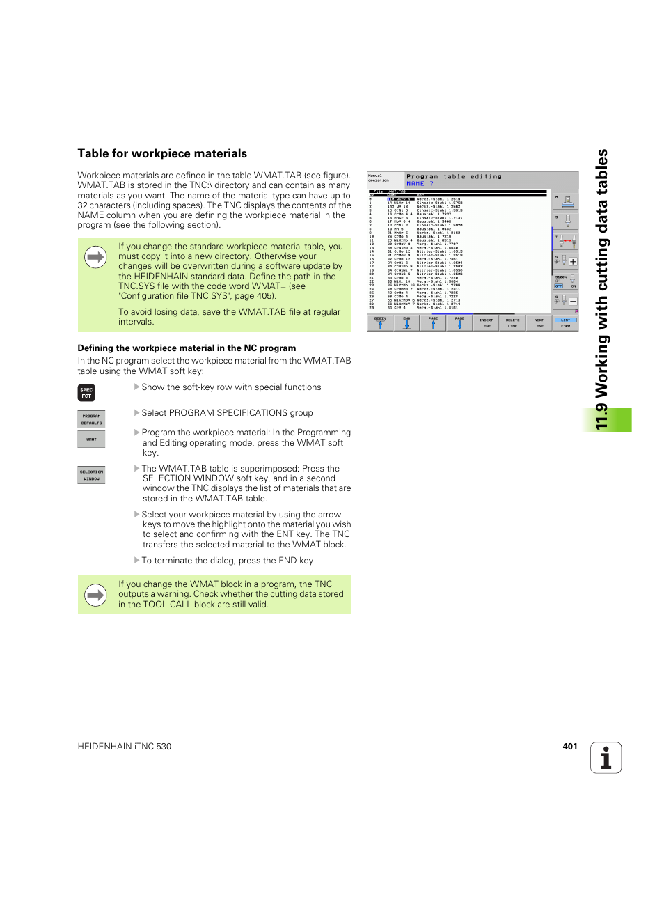 Table for workpiece materials, 9 w o rk ing with cut ting data tables | HEIDENHAIN iTNC 530 (34049x-08) ISO programming User Manual | Page 401 / 654