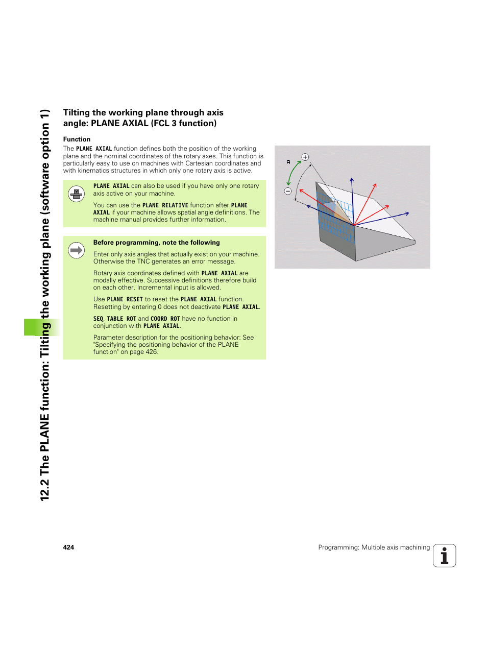 E (see "tilting the working plane through axis | HEIDENHAIN iTNC 530 (34049x-08) ISO programming User Manual | Page 424 / 654
