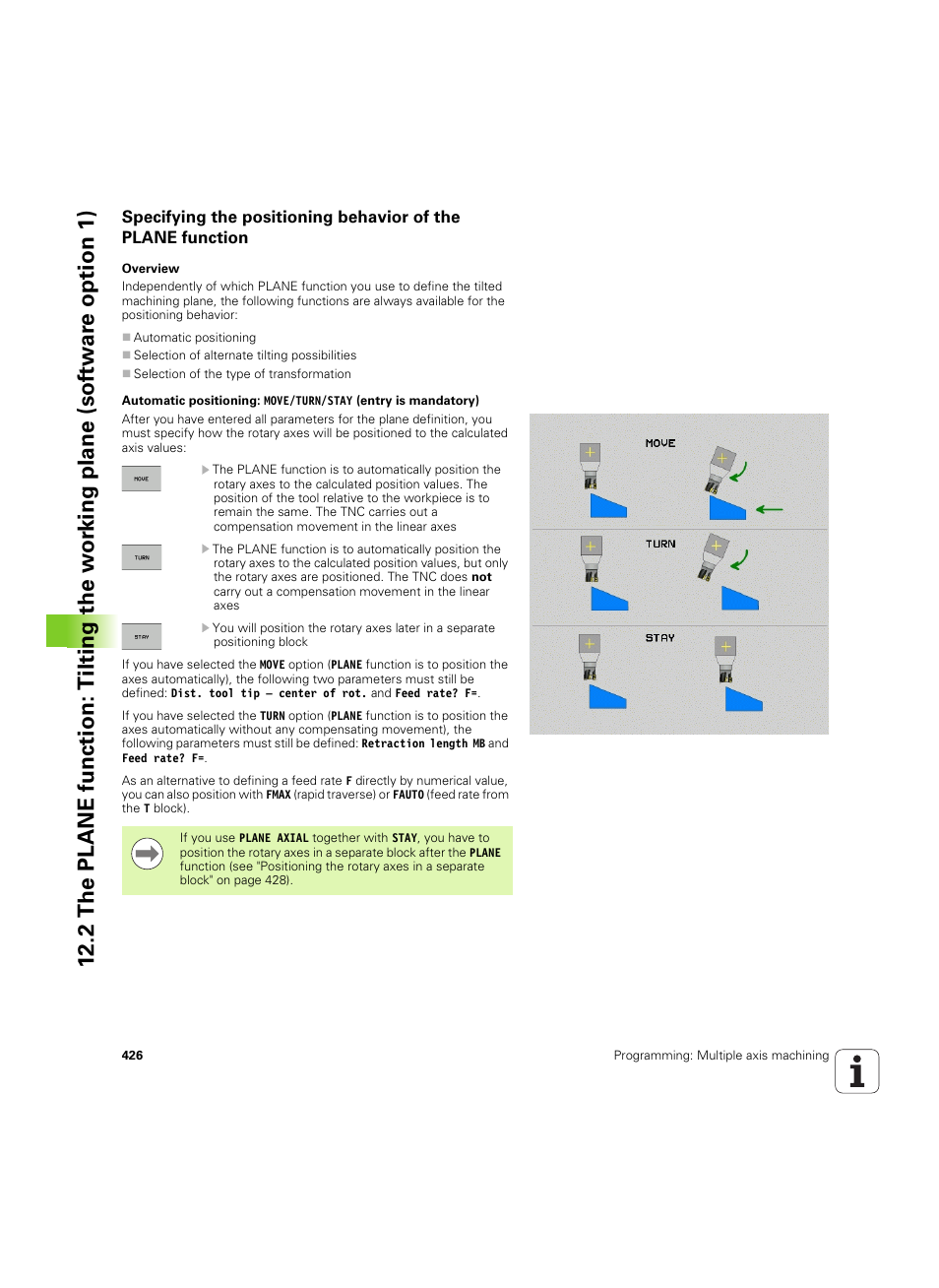 See "automatic positioning, Specifying the positioning behavior of the plane, Havior: see | HEIDENHAIN iTNC 530 (34049x-08) ISO programming User Manual | Page 426 / 654