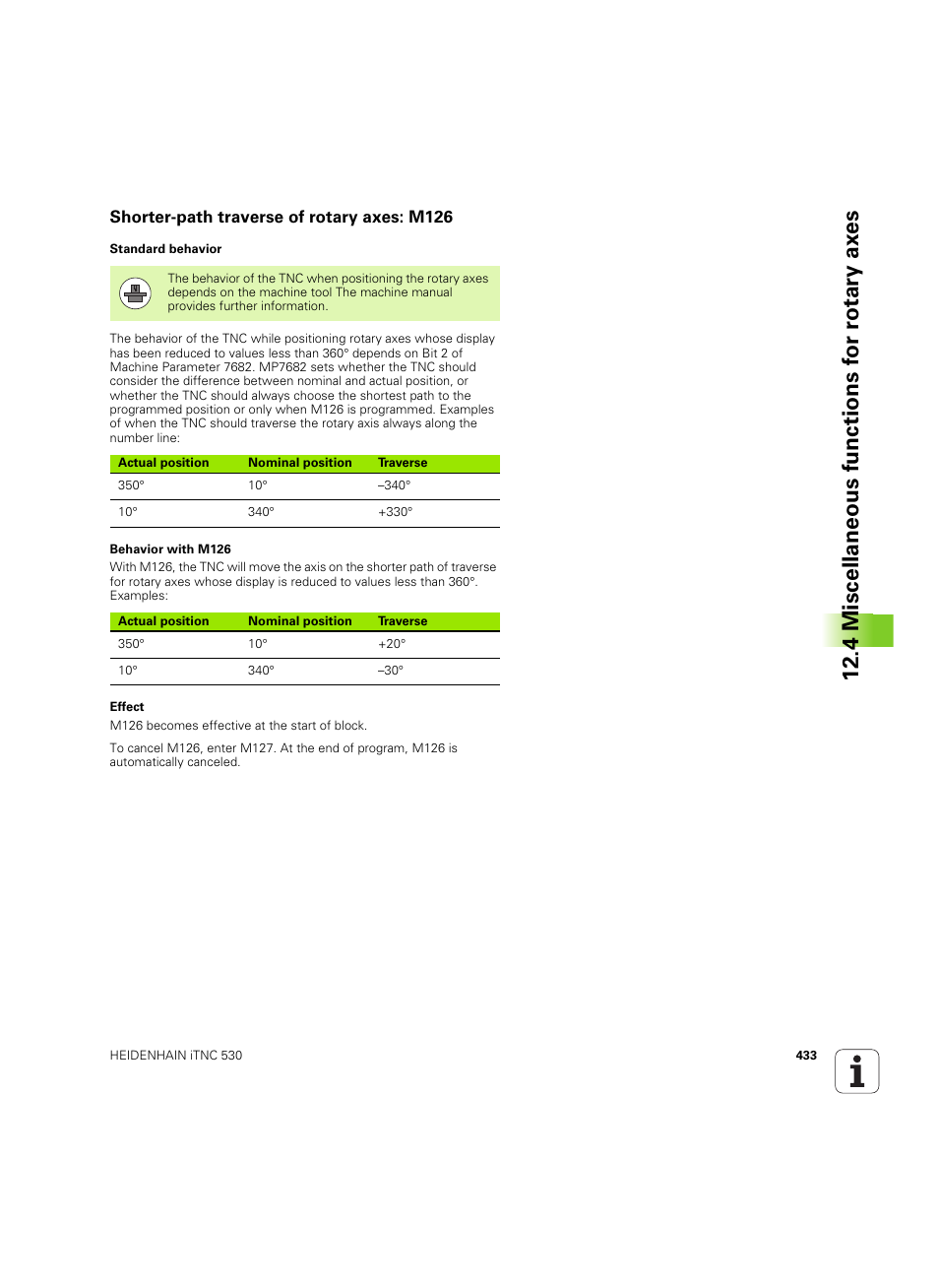 Shorter-path traverse of rotary axes: m126, 4 miscellaneous functions f or r otary ax es | HEIDENHAIN iTNC 530 (34049x-08) ISO programming User Manual | Page 433 / 654