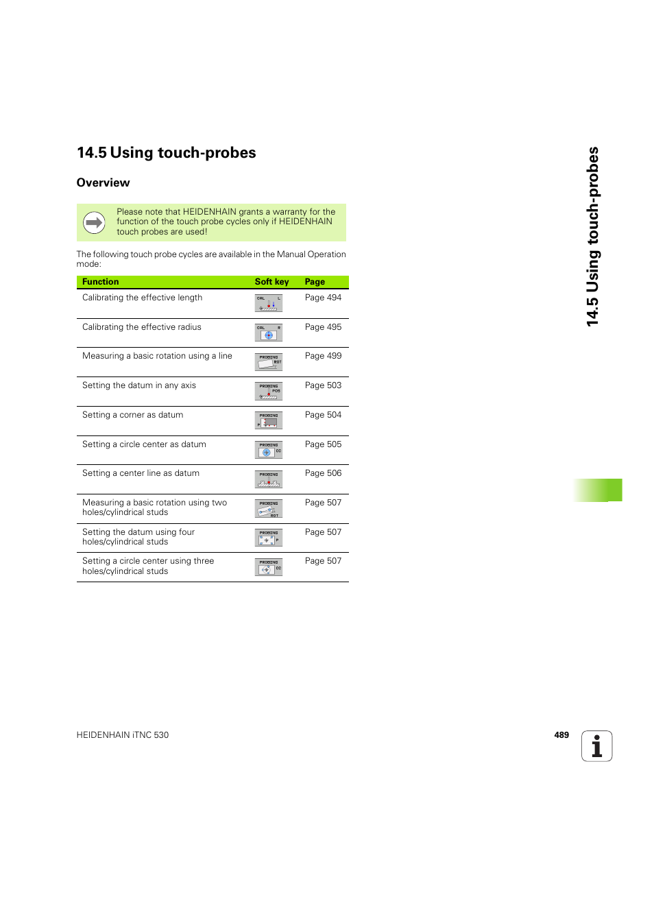 5 using touch-probes, Overview, 5 using t o uc h-pr obes 14.5 using touch-probes | HEIDENHAIN iTNC 530 (34049x-08) ISO programming User Manual | Page 489 / 654