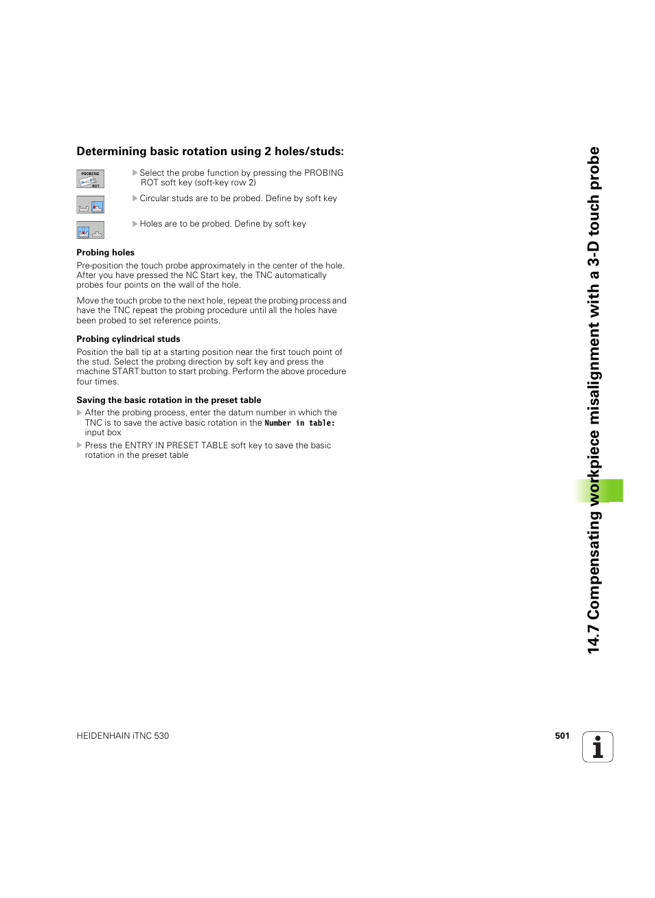 Determining basic rotation using 2 holes/studs | HEIDENHAIN iTNC 530 (34049x-08) ISO programming User Manual | Page 501 / 654