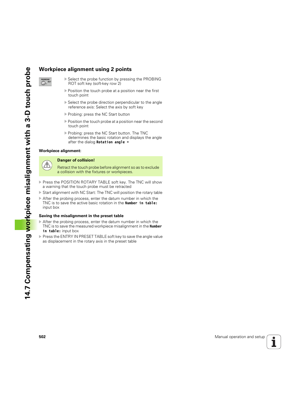 Workpiece alignment using 2 points | HEIDENHAIN iTNC 530 (34049x-08) ISO programming User Manual | Page 502 / 654