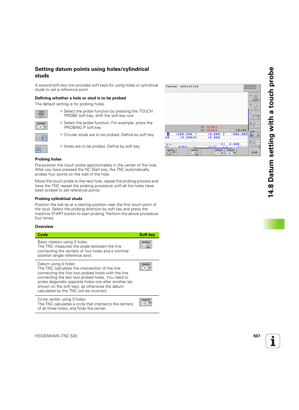 Setting datum points using holes/cylindrical studs | HEIDENHAIN iTNC 530 (34049x-08) ISO programming User Manual | Page 507 / 654