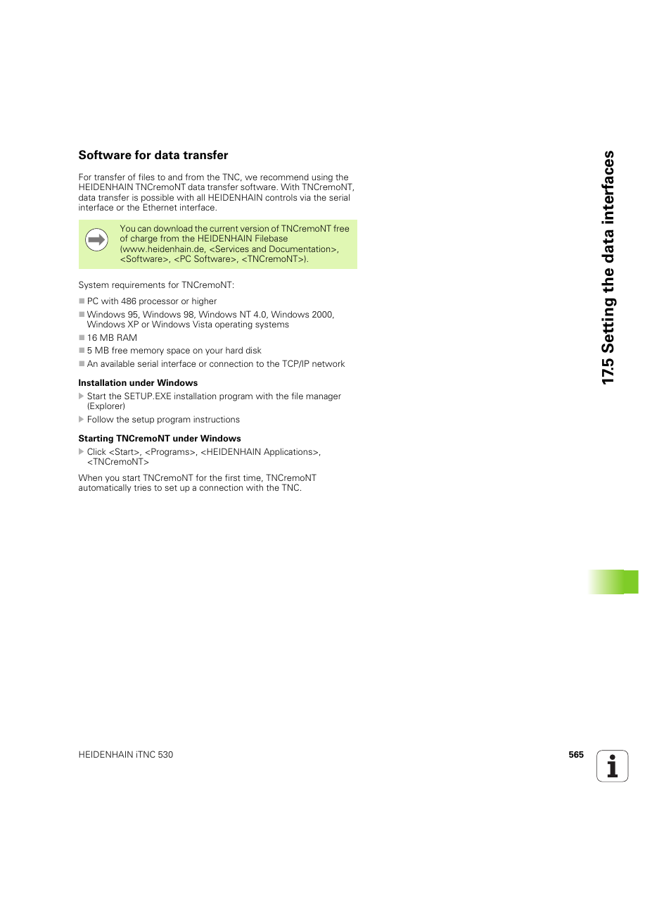 Software for data transfer, 5 set ting the data int e rf aces | HEIDENHAIN iTNC 530 (34049x-08) ISO programming User Manual | Page 565 / 654