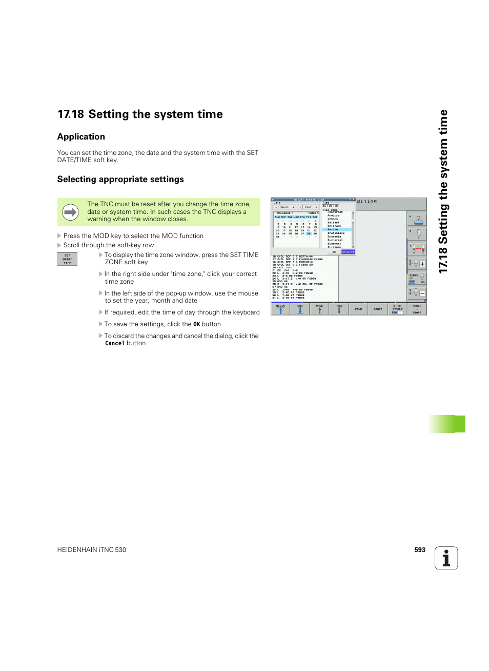 18 setting the system time, Application, Selecting appropriate settings | Application selecting appropriate settings | HEIDENHAIN iTNC 530 (34049x-08) ISO programming User Manual | Page 593 / 654