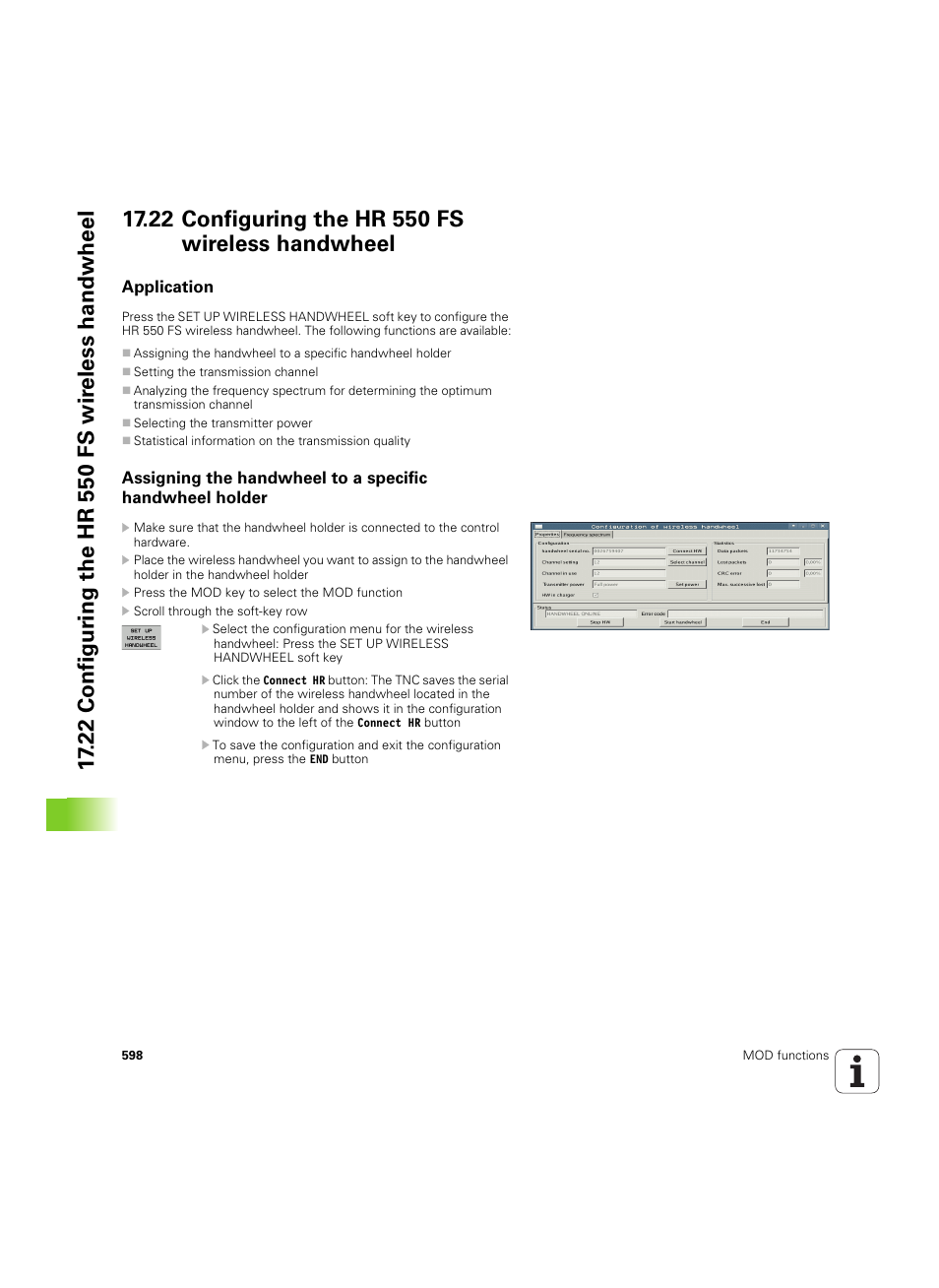 22 configuring the hr 550 fs wireless handwheel, Application | HEIDENHAIN iTNC 530 (34049x-08) ISO programming User Manual | Page 598 / 654