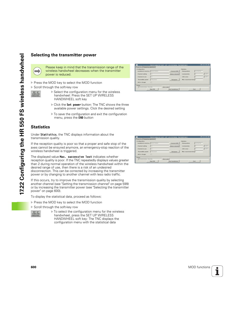 Selecting the transmitter power, Statistics, Selecting the transmitter power statistics | HEIDENHAIN iTNC 530 (34049x-08) ISO programming User Manual | Page 600 / 654