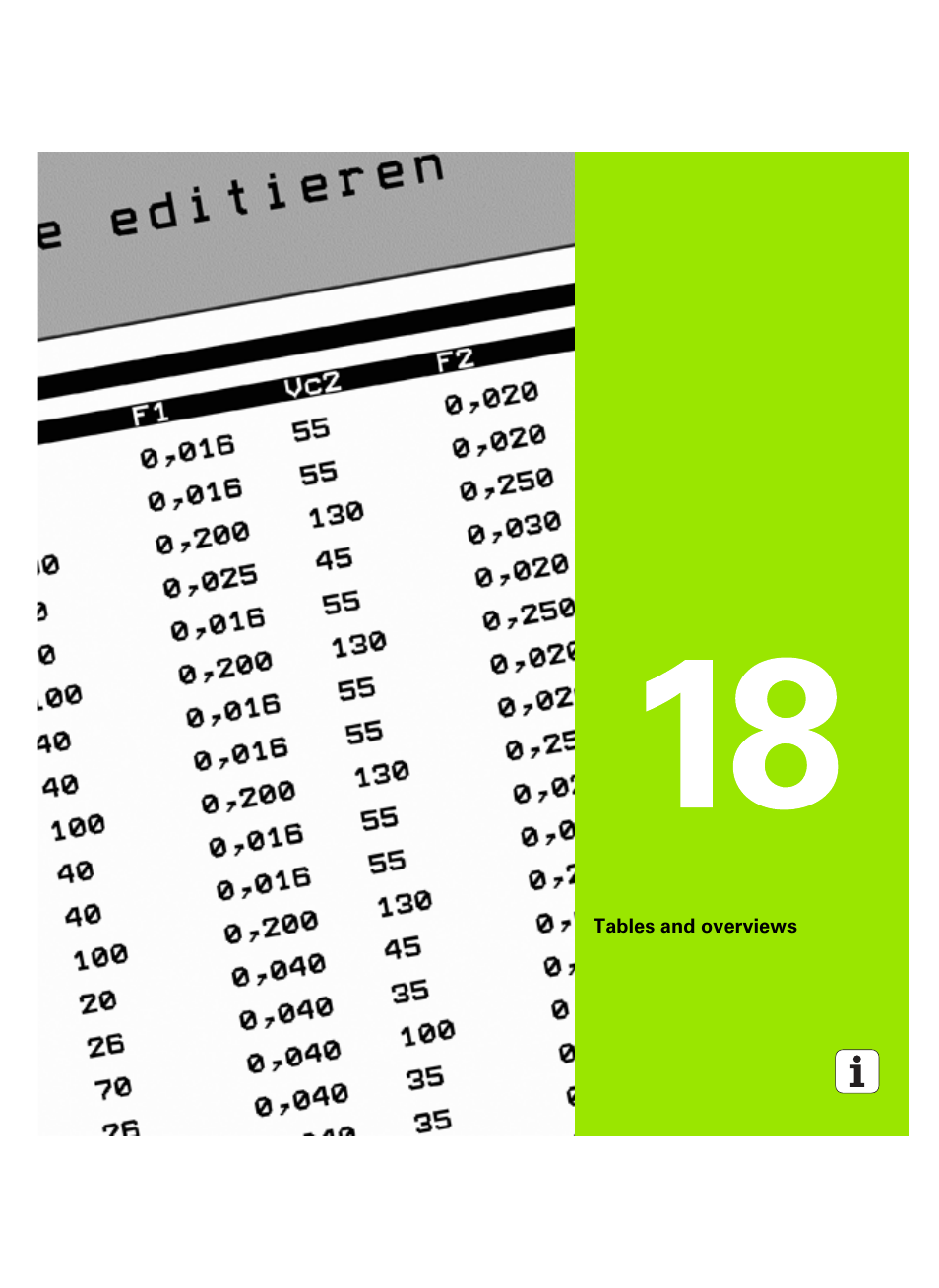 Tables and overviews, 18 tables and overviews | HEIDENHAIN iTNC 530 (34049x-08) ISO programming User Manual | Page 601 / 654