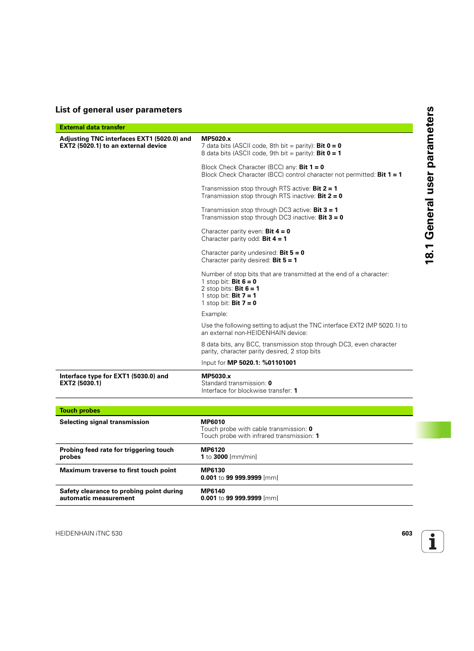 List of general user parameters, See "list of general user parameters, 18 .1 gener a l user par a met e rs | HEIDENHAIN iTNC 530 (34049x-08) ISO programming User Manual | Page 603 / 654
