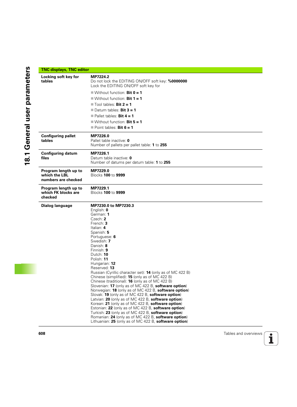 18 .1 gener a l user par a met e rs | HEIDENHAIN iTNC 530 (34049x-08) ISO programming User Manual | Page 608 / 654