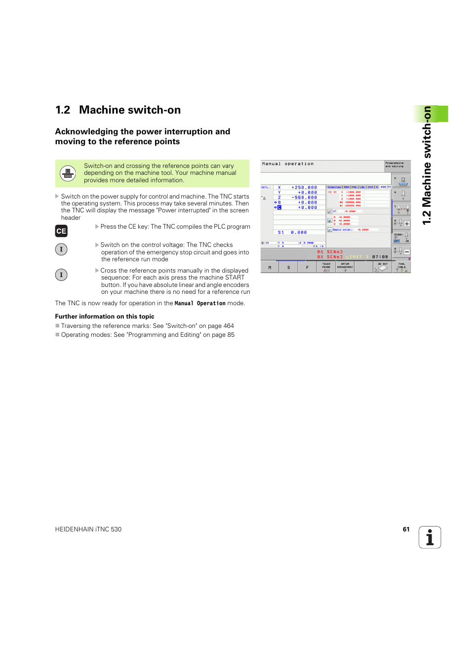 2 machine switch-on | HEIDENHAIN iTNC 530 (34049x-08) ISO programming User Manual | Page 61 / 654