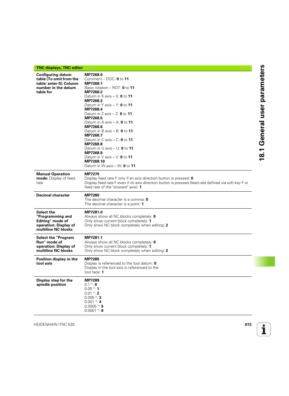 18 .1 gener a l user par a met e rs | HEIDENHAIN iTNC 530 (34049x-08) ISO programming User Manual | Page 613 / 654