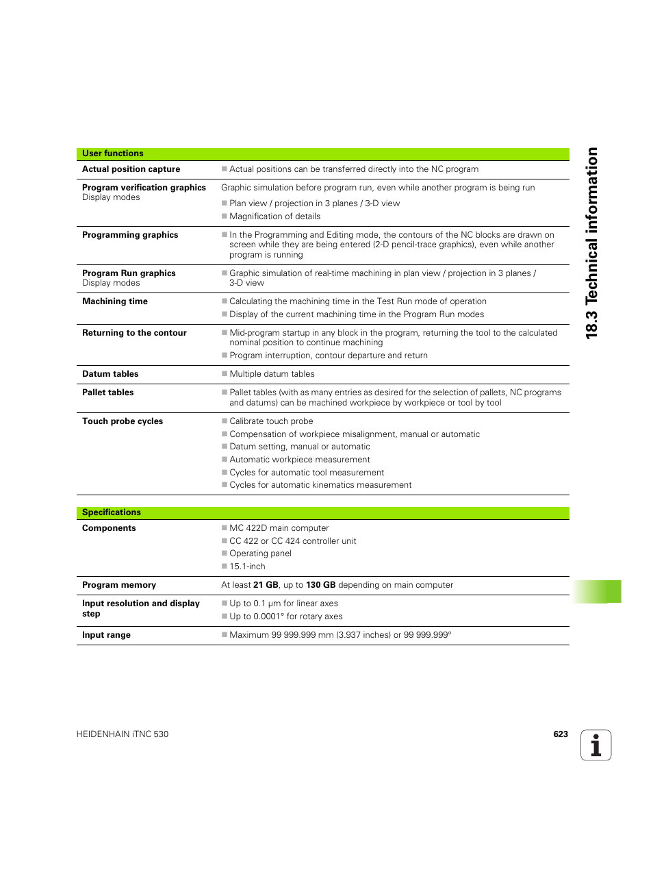 18 .3 t ec hnical inf o rm ation | HEIDENHAIN iTNC 530 (34049x-08) ISO programming User Manual | Page 623 / 654