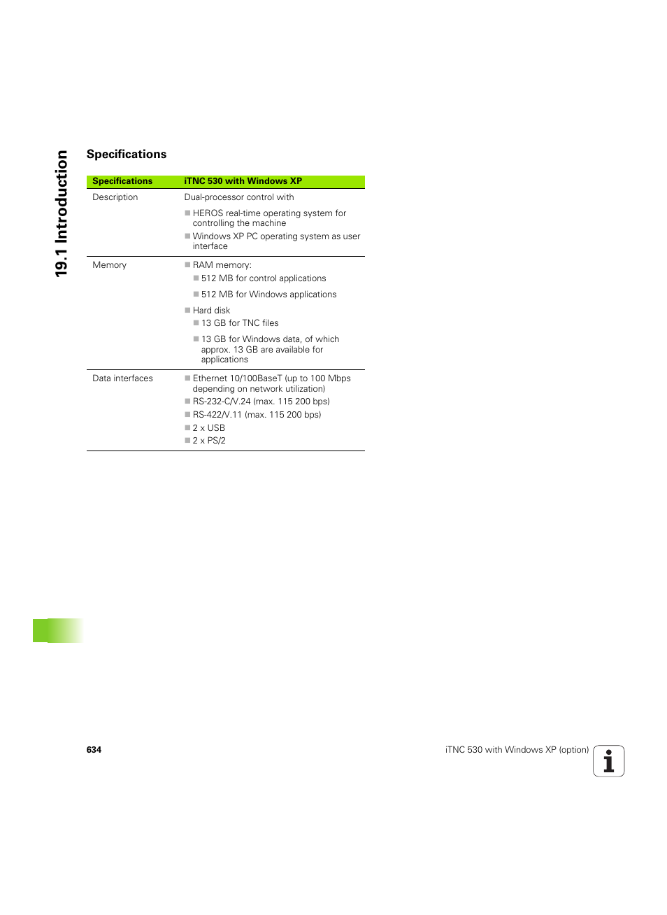 Specifications, 19 .1 intr oduction | HEIDENHAIN iTNC 530 (34049x-08) ISO programming User Manual | Page 634 / 654