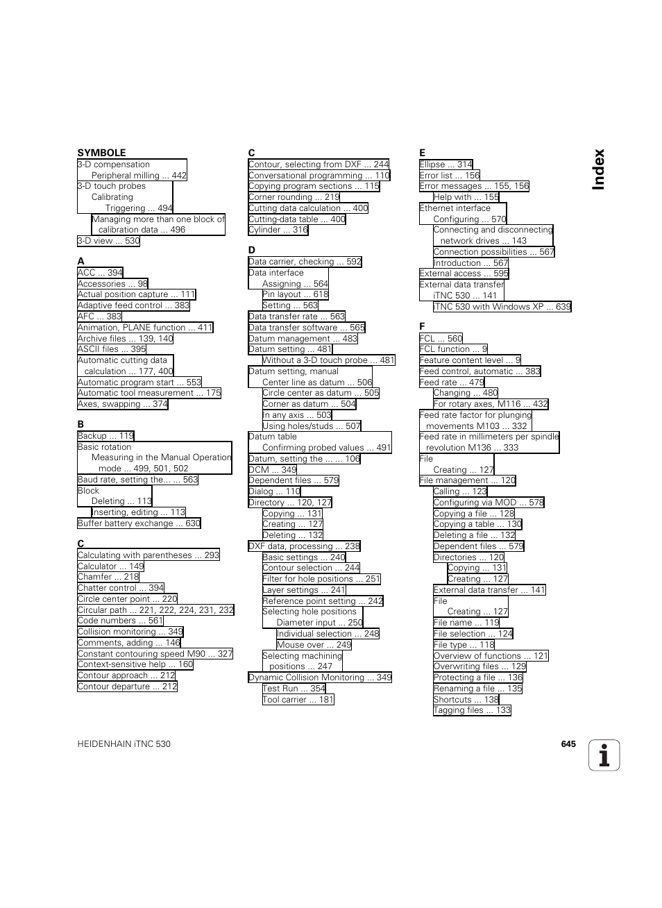 Index | HEIDENHAIN iTNC 530 (34049x-08) ISO programming User Manual | Page 645 / 654