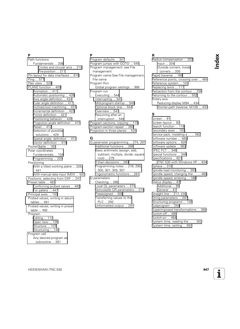Index | HEIDENHAIN iTNC 530 (34049x-08) ISO programming User Manual | Page 647 / 654