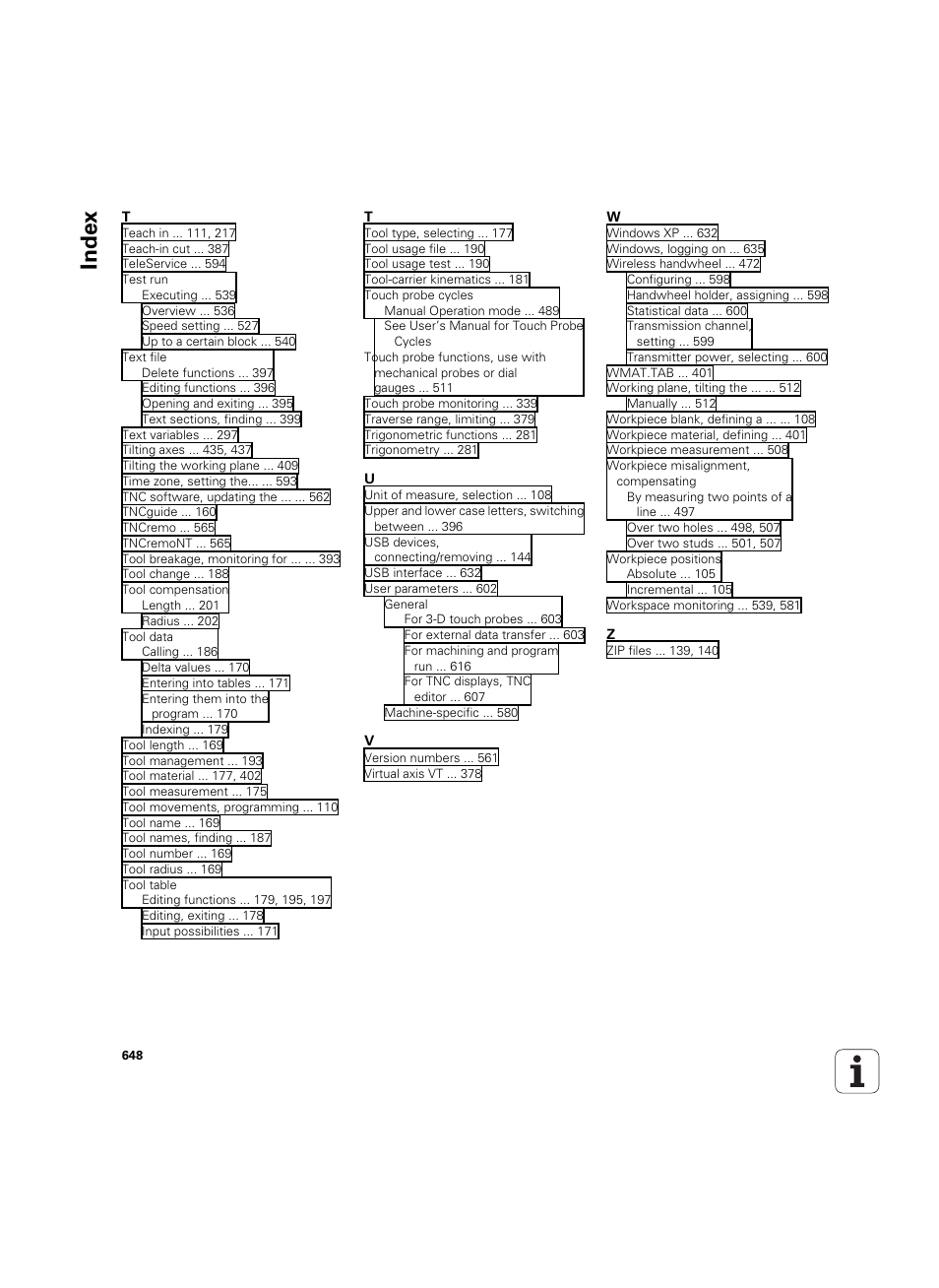 Index | HEIDENHAIN iTNC 530 (34049x-08) ISO programming User Manual | Page 648 / 654