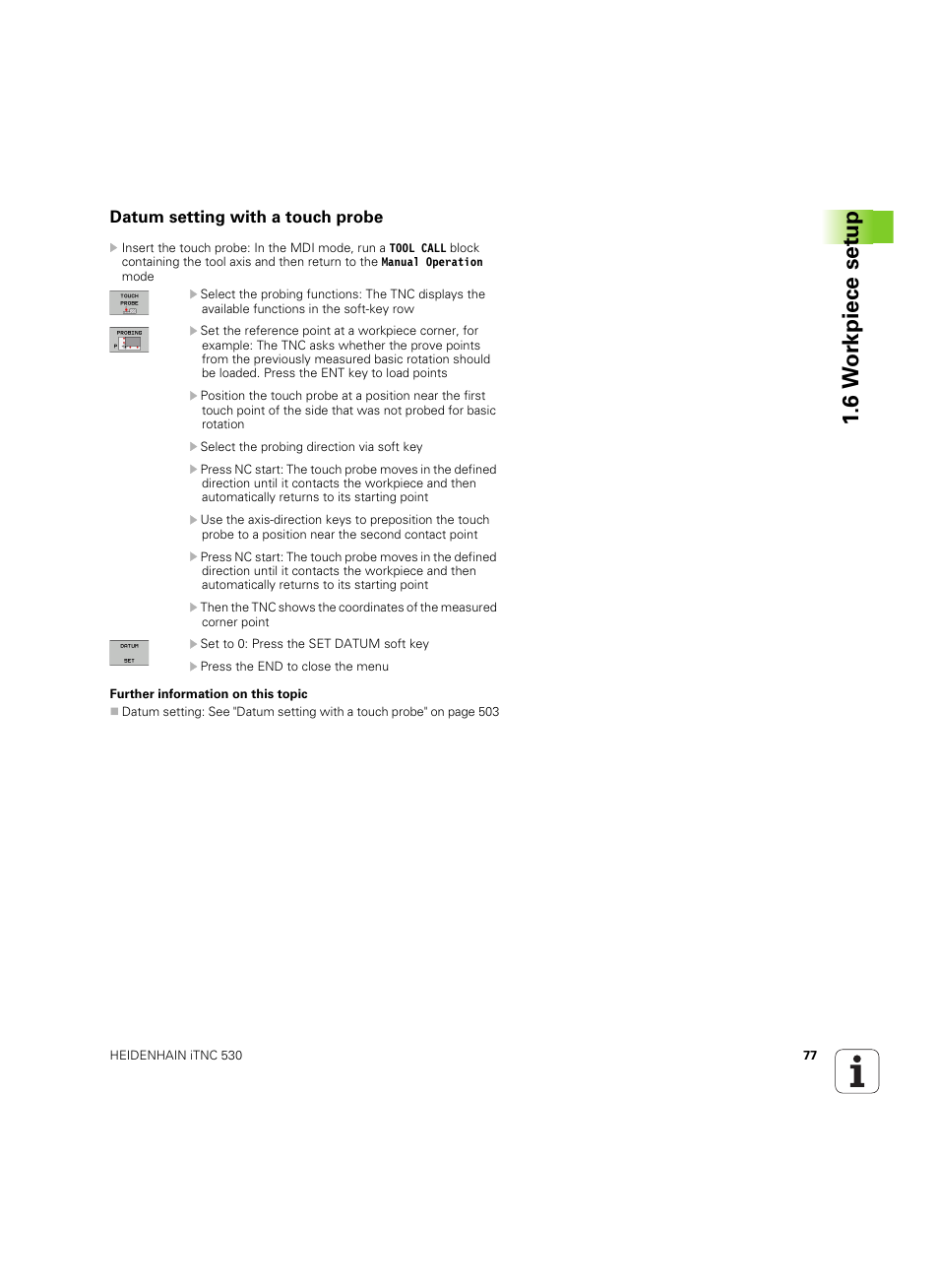 Datum setting with a touch probe, 6 w o rk piece set u p | HEIDENHAIN iTNC 530 (34049x-08) ISO programming User Manual | Page 77 / 654