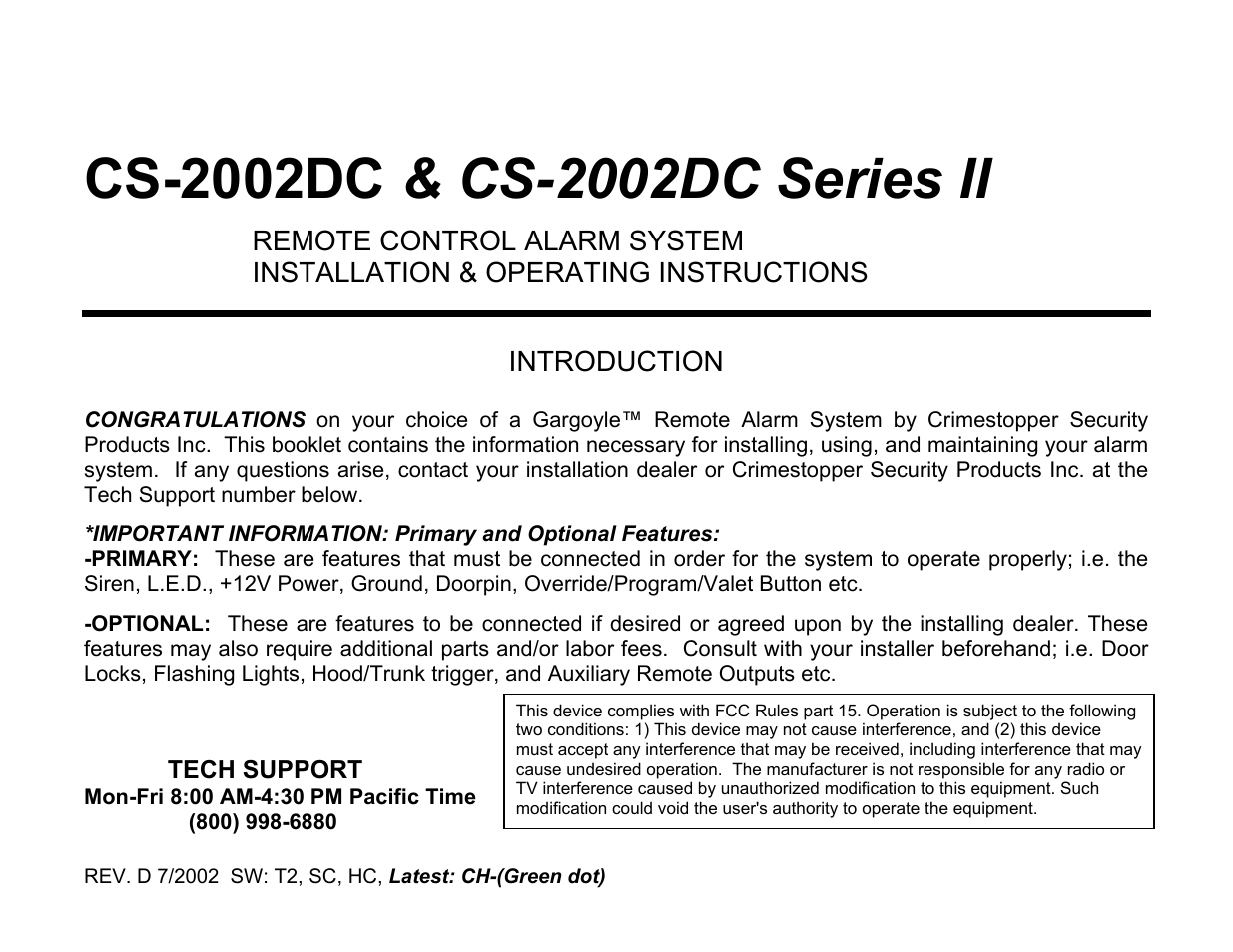 Crimestopper Security Products CS-2002DC User Manual | 20 pages