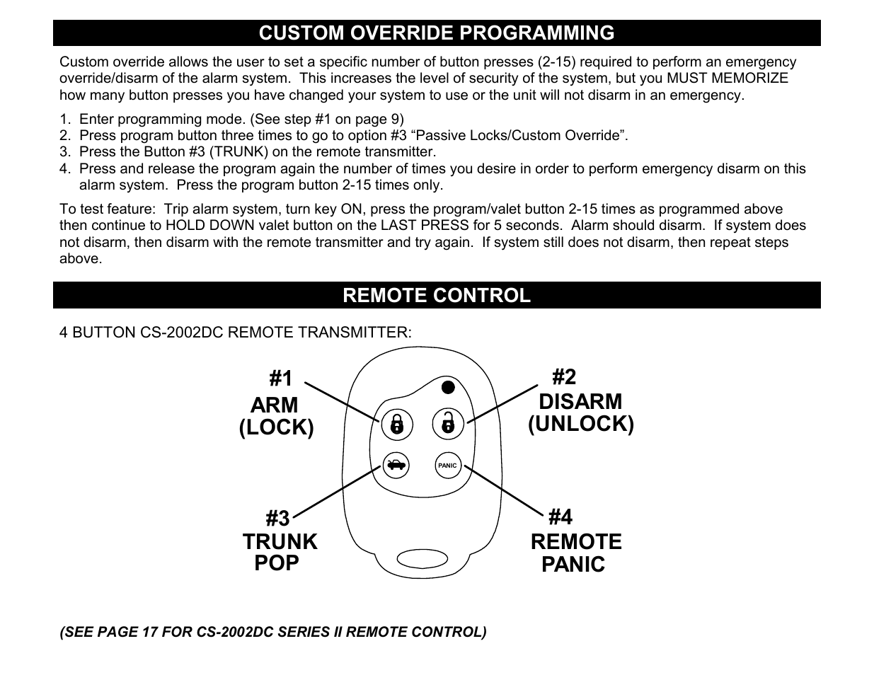 Arm trunk panic disarm (lock) (unlock) remote pop, Custom override programming, Remote control | Crimestopper Security Products CS-2002DC User Manual | Page 12 / 20