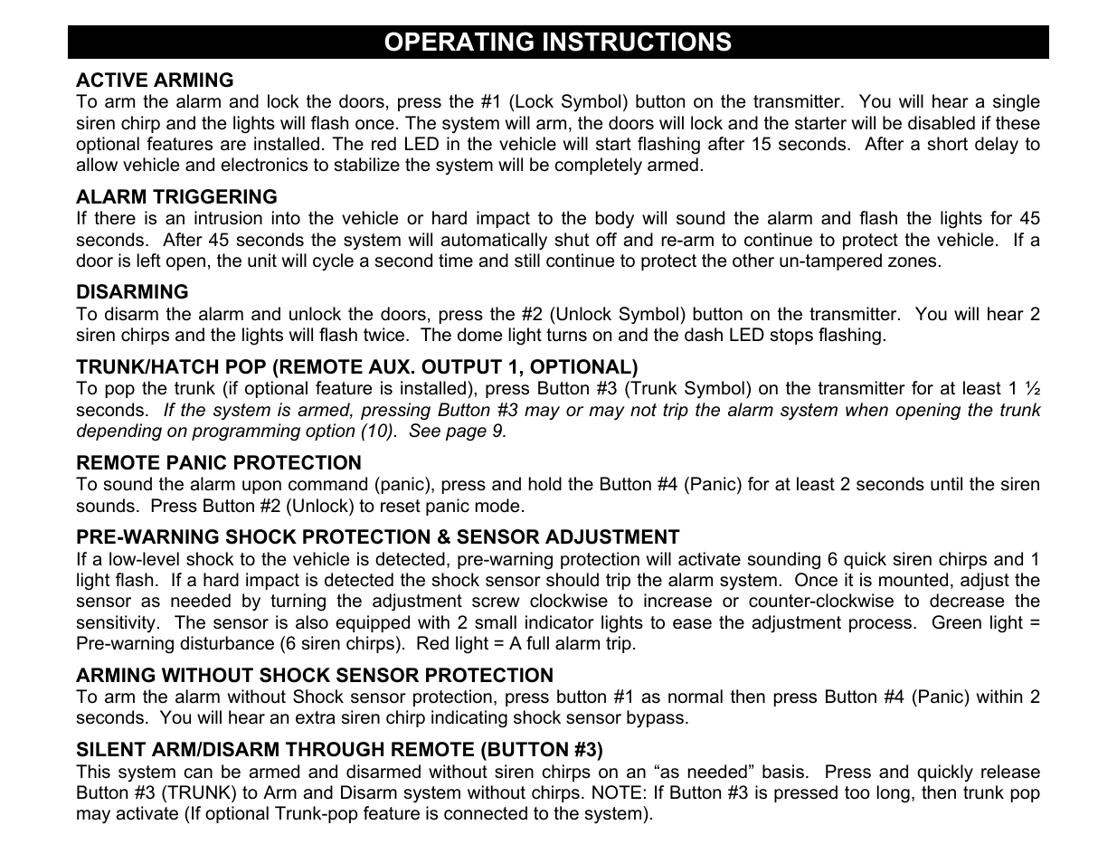 Active arming, Disarming, Remote panic protection | Arming without shock sensor protection, Silent arm/disarm through remote (button #3), Operating instructions | Crimestopper Security Products CS-2002DC User Manual | Page 13 / 20