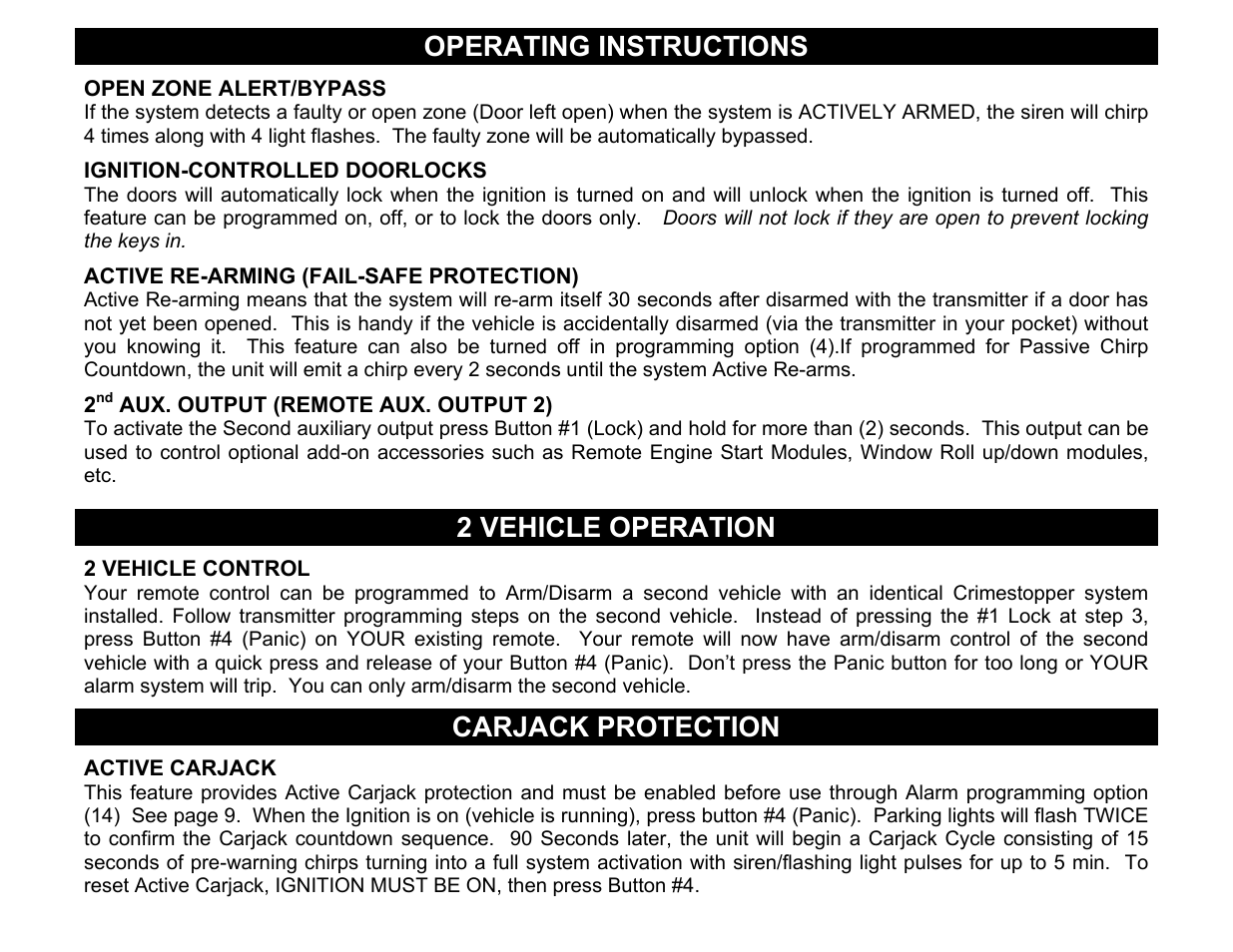 Open zone alert/bypass, Ignition-controlled doorlocks, Active re-arming (fail-safe protection) | 2nd aux. output (remote aux. output 2), 2 vehicle control, Active carjack, Operating instructions, 2 vehicle operation, Carjack protection | Crimestopper Security Products CS-2002DC User Manual | Page 15 / 20
