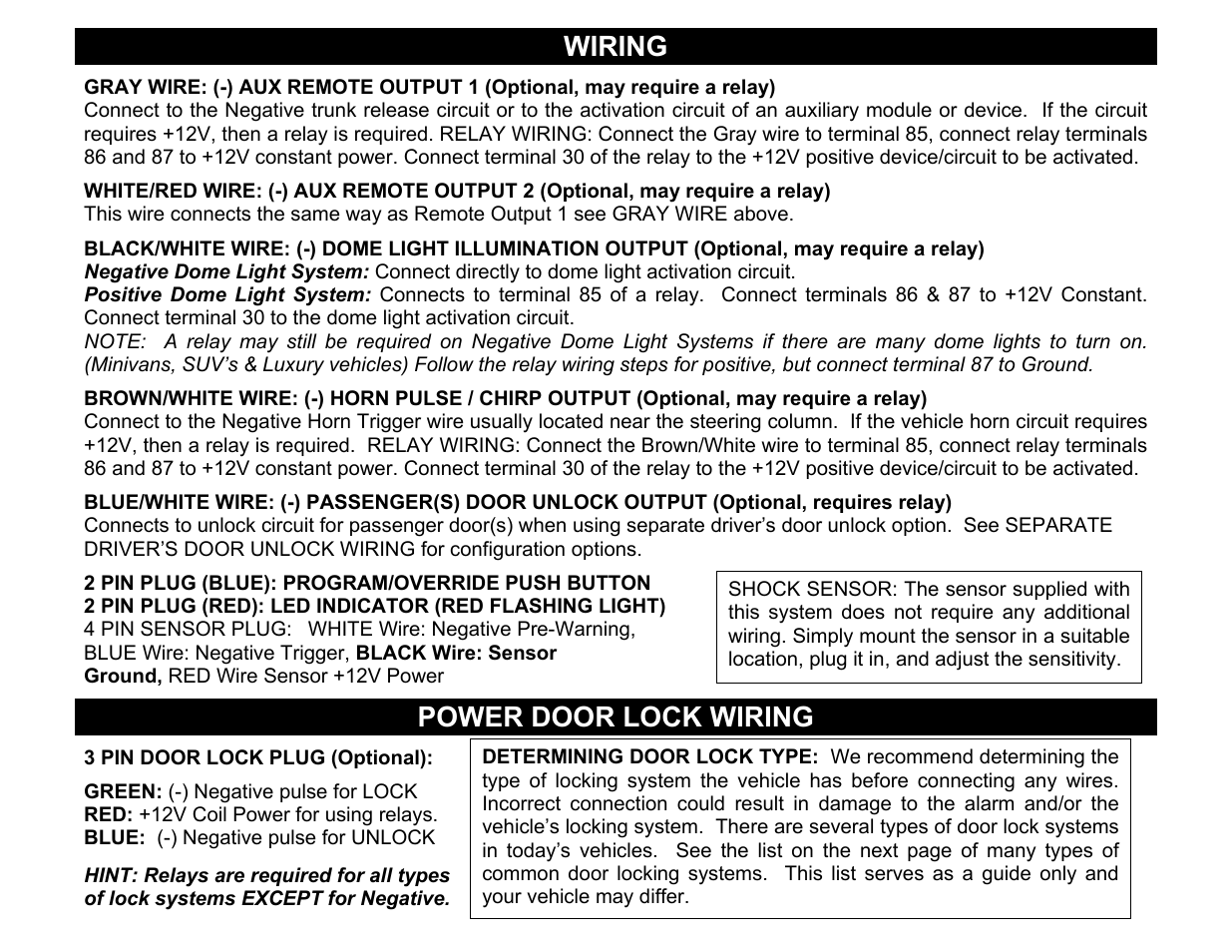 2 pin plug (blue): program/override push button, Wiring, Power door lock wiring | Crimestopper Security Products CS-2002DC User Manual | Page 5 / 20
