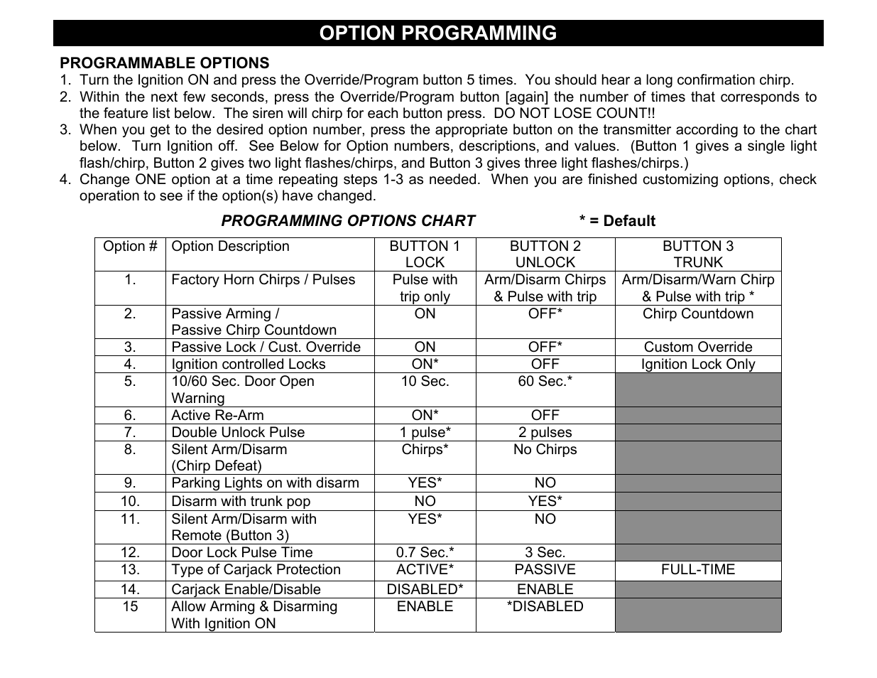 Programmable options, Option programming | Crimestopper Security Products CS-2002DC User Manual | Page 9 / 20