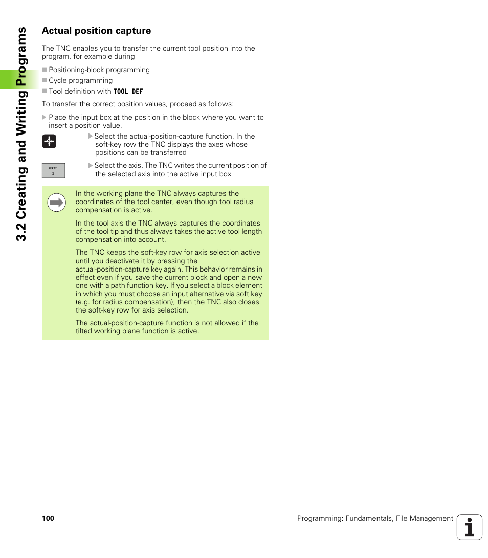 Actual position capture, 2 cr eating and w riting pr ogr a ms | HEIDENHAIN iTNC 530 (606 42x-01) User Manual | Page 100 / 693