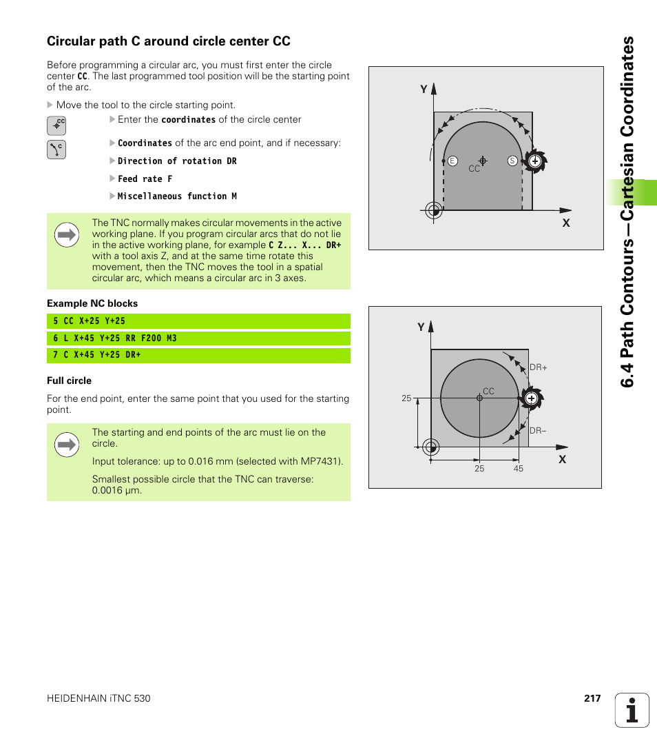 Circular path c around circle center cc, 4 p a th cont ours—car te sian coor dinat e s | HEIDENHAIN iTNC 530 (606 42x-01) User Manual | Page 217 / 693