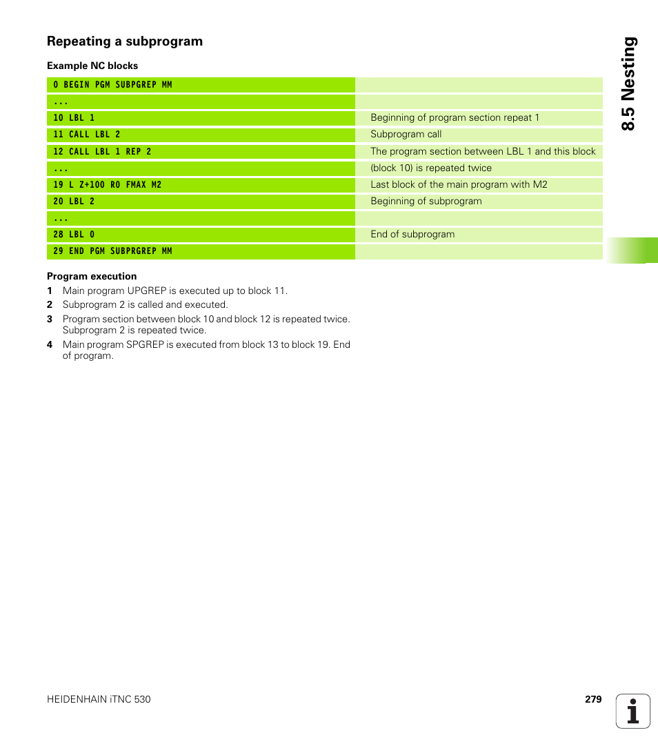 Repeating a subprogram, 5 nesting | HEIDENHAIN iTNC 530 (606 42x-01) User Manual | Page 279 / 693