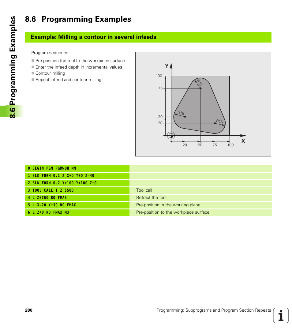 6 programming examples, 6 pr ogr amming examples 8.6 programming examples, Example: milling a contour in several infeeds | HEIDENHAIN iTNC 530 (606 42x-01) User Manual | Page 280 / 693