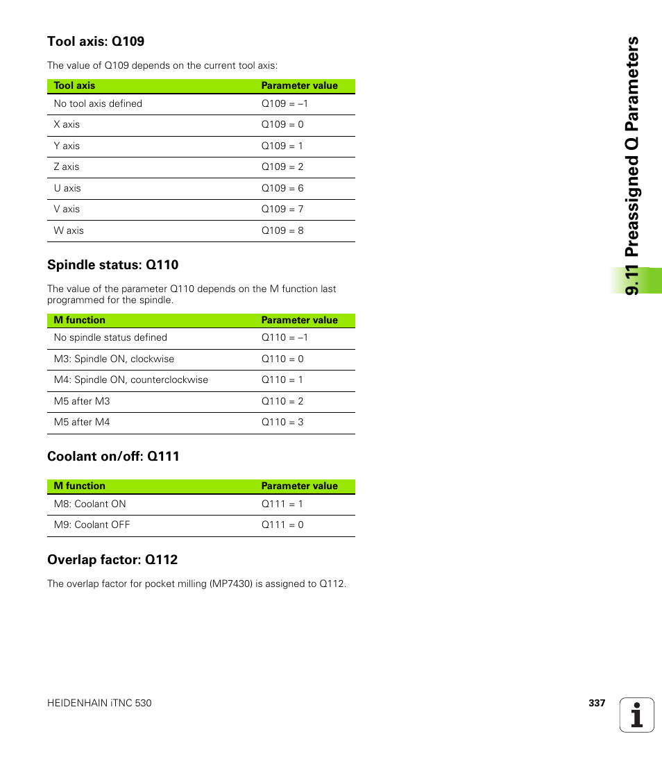 Tool axis: q109, Spindle status: q110, Coolant on/off: q111 | Overlap factor: q112 | HEIDENHAIN iTNC 530 (606 42x-01) User Manual | Page 337 / 693