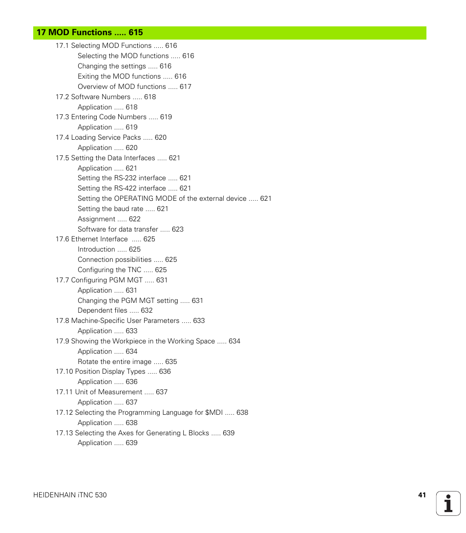 17 mod functions, Mod functions | HEIDENHAIN iTNC 530 (606 42x-01) User Manual | Page 41 / 693