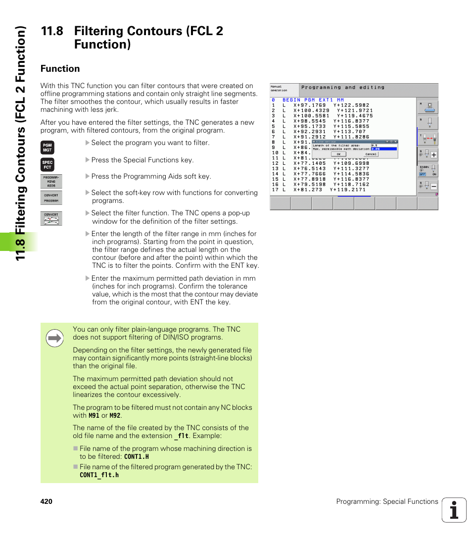 8 filtering contours (fcl 2 function), Function | HEIDENHAIN iTNC 530 (606 42x-01) User Manual | Page 420 / 693
