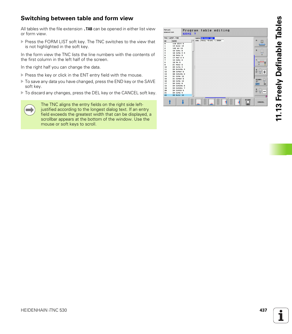 Switching between table and form view, 13 f reely definable t a bles | HEIDENHAIN iTNC 530 (606 42x-01) User Manual | Page 437 / 693