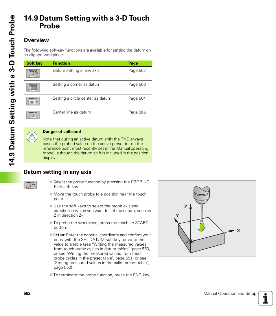 9 datum setting with a 3-d touch probe, Overview, Datum setting in any axis | HEIDENHAIN iTNC 530 (606 42x-01) User Manual | Page 562 / 693