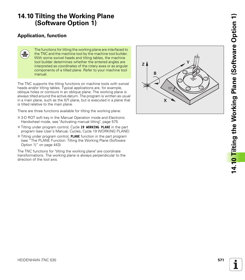 10 tilting the working plane (software option 1), Application, function | HEIDENHAIN iTNC 530 (606 42x-01) User Manual | Page 571 / 693