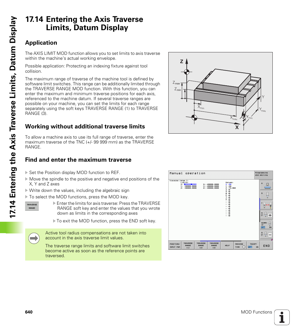 Application, Working without additional traverse limits, Find and enter the maximum traverse | HEIDENHAIN iTNC 530 (606 42x-01) User Manual | Page 640 / 693