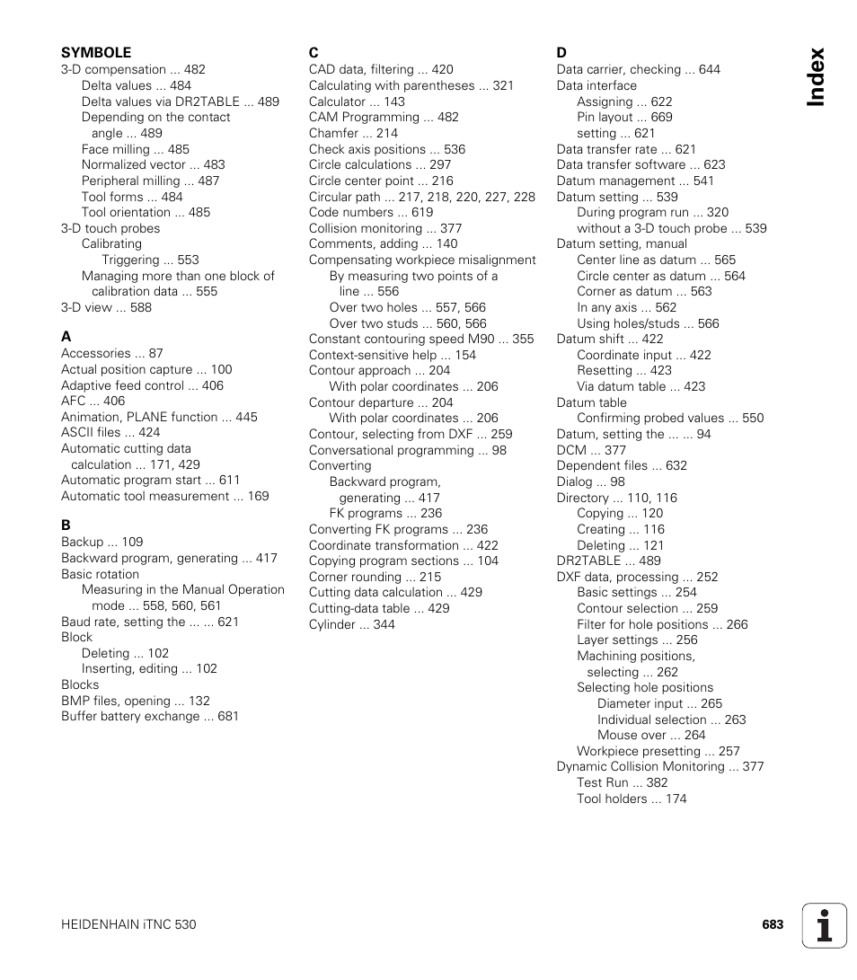 Index | HEIDENHAIN iTNC 530 (606 42x-01) User Manual | Page 683 / 693