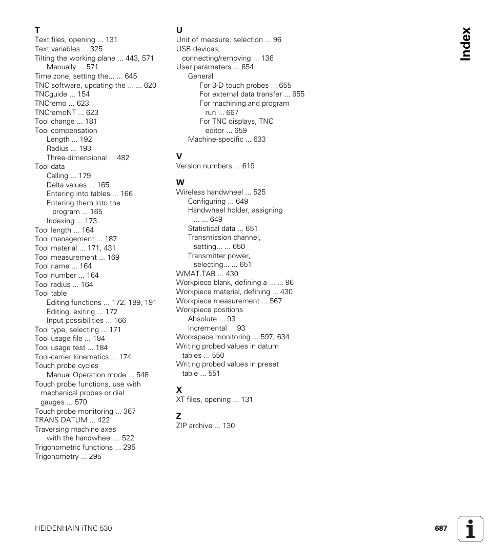 Index | HEIDENHAIN iTNC 530 (606 42x-01) User Manual | Page 687 / 693