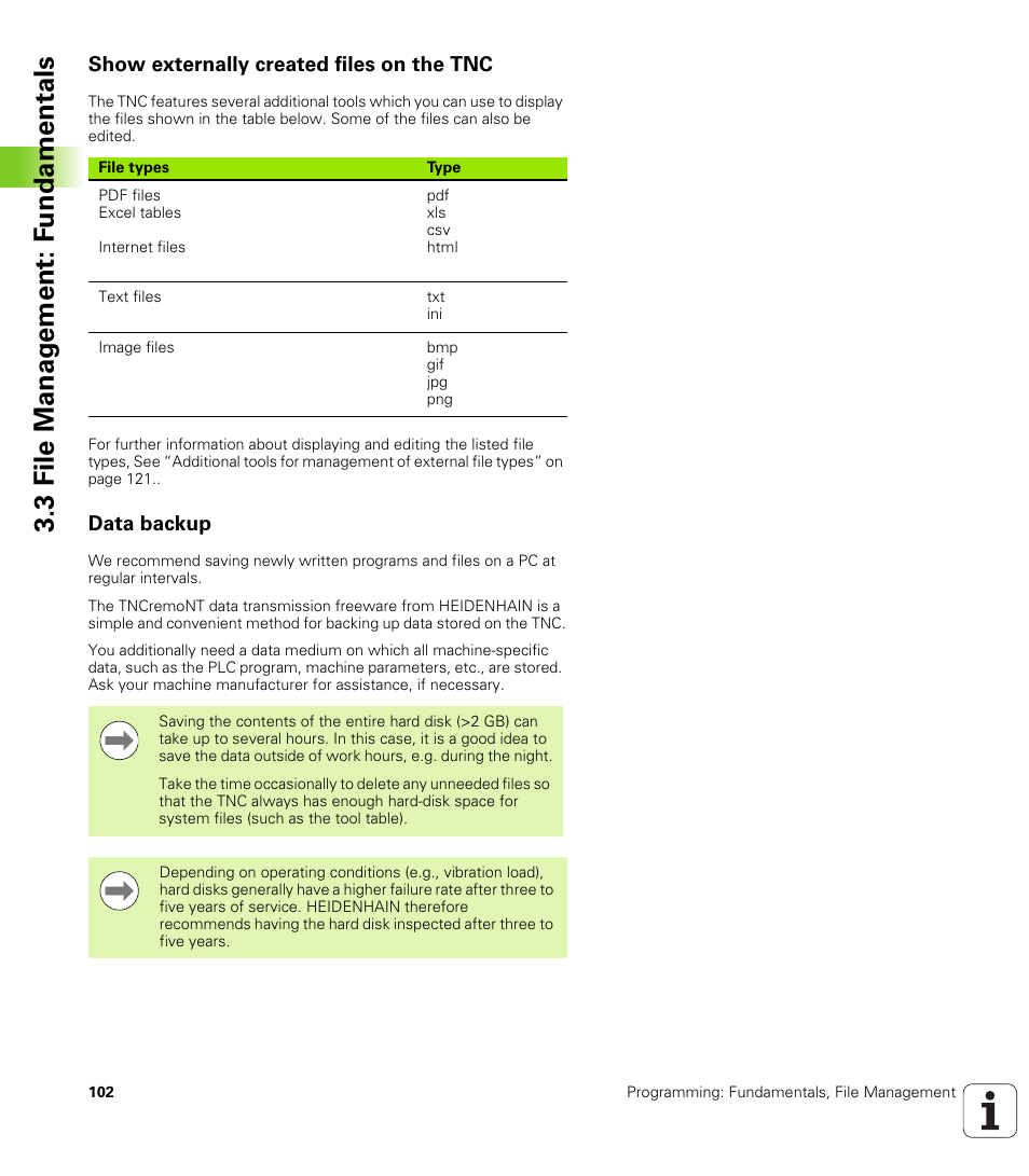 Show externally created files on the tnc, Data backup, 3 file manag e ment: f undamentals | HEIDENHAIN iTNC 530 (606 42x-01) ISO programming User Manual | Page 102 / 618